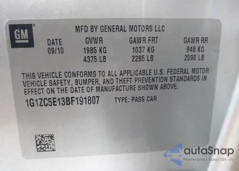 2011 Chevrolet Malibu 1Lt из США, поврежденный, VIN 1G1ZC5E13BF191807